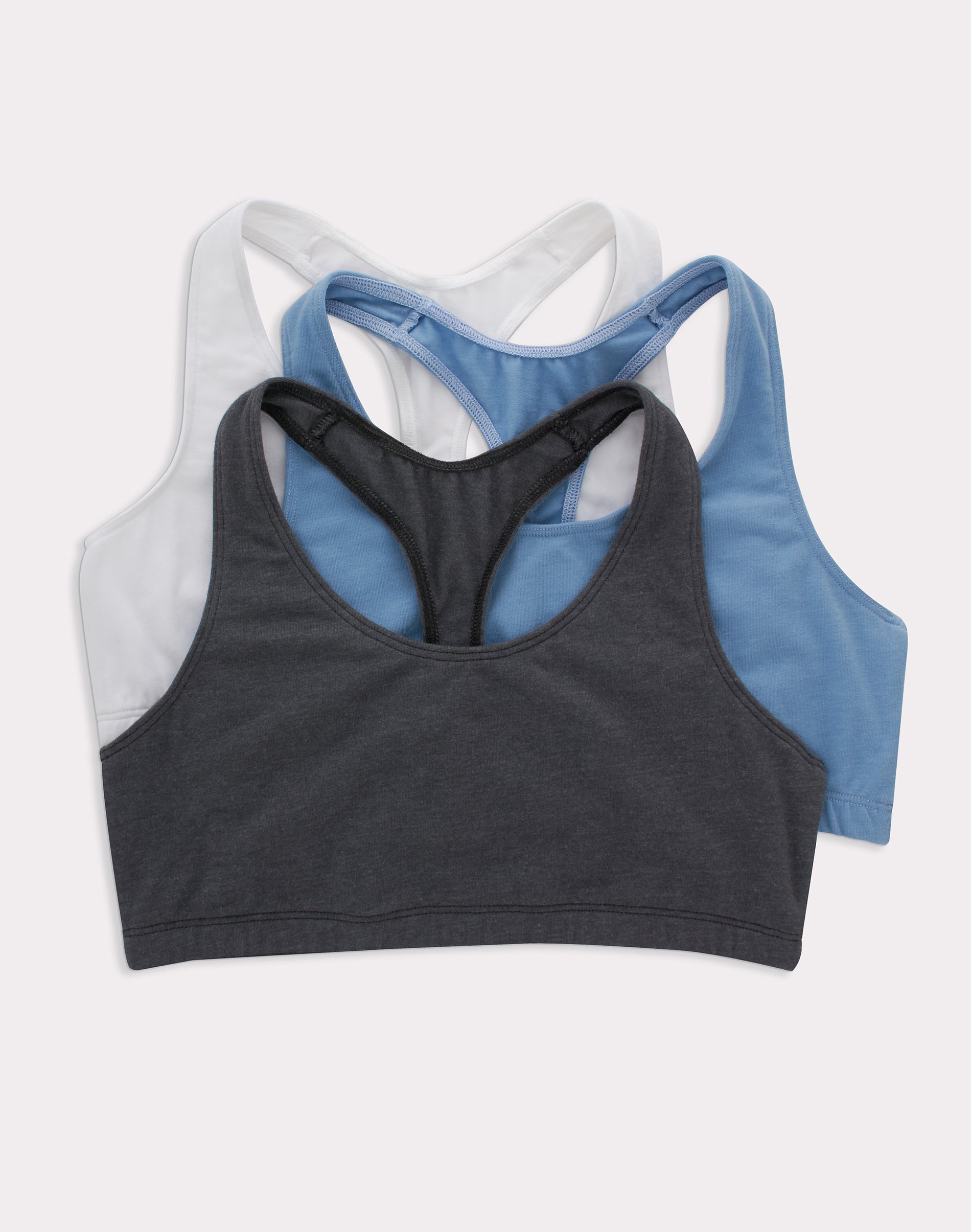 Hanes Women's Cotton Racerback Sports Bralette, Low Impact, -Pack WhiteDenim Jacket Blue HeatherBlack