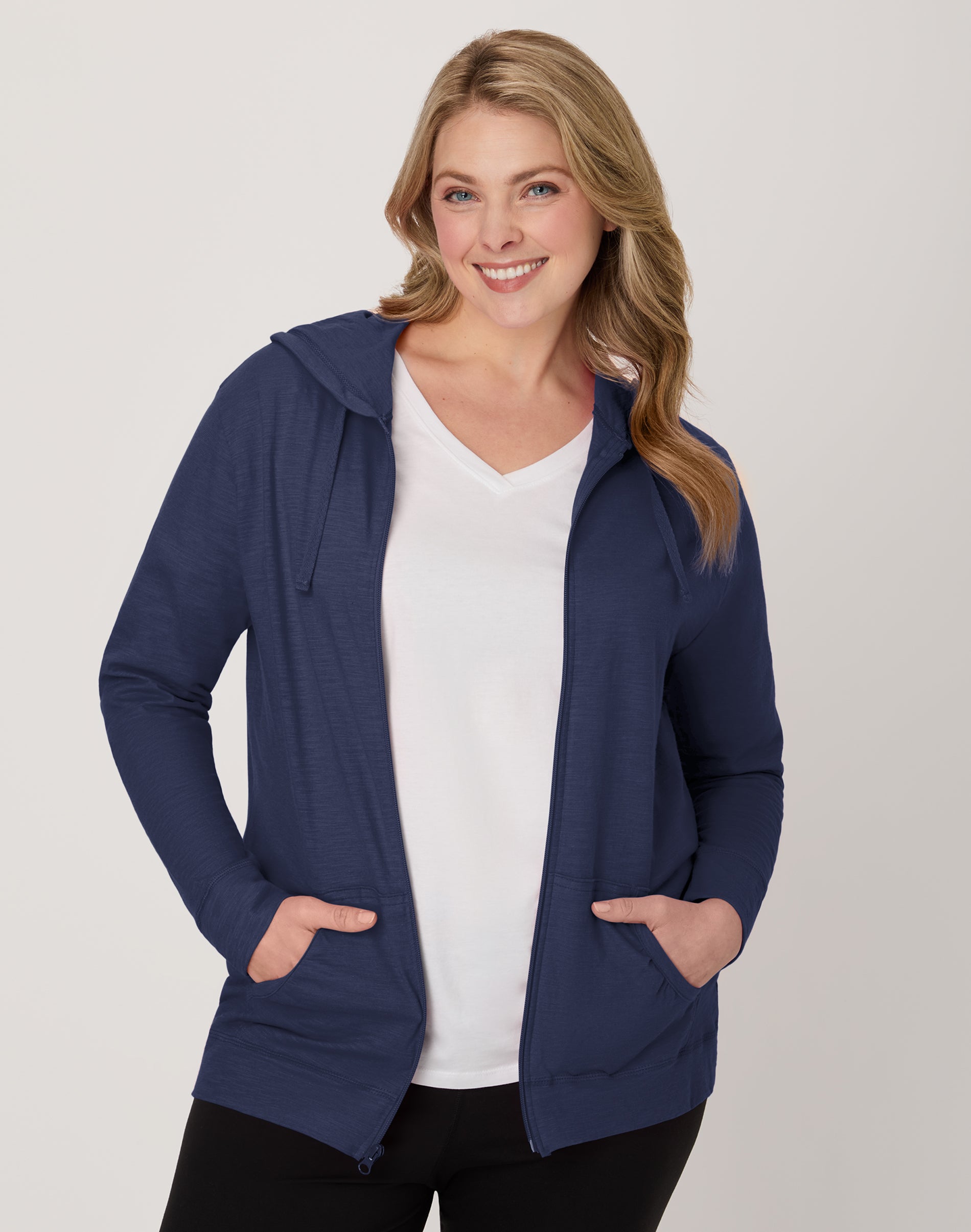Hanes Women's Slub Jersey Full Zip Hoodie Navy