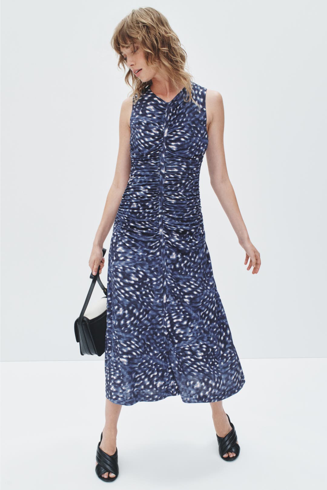Boss Blue Speckled Ruched Midi Dress Blue-white-print