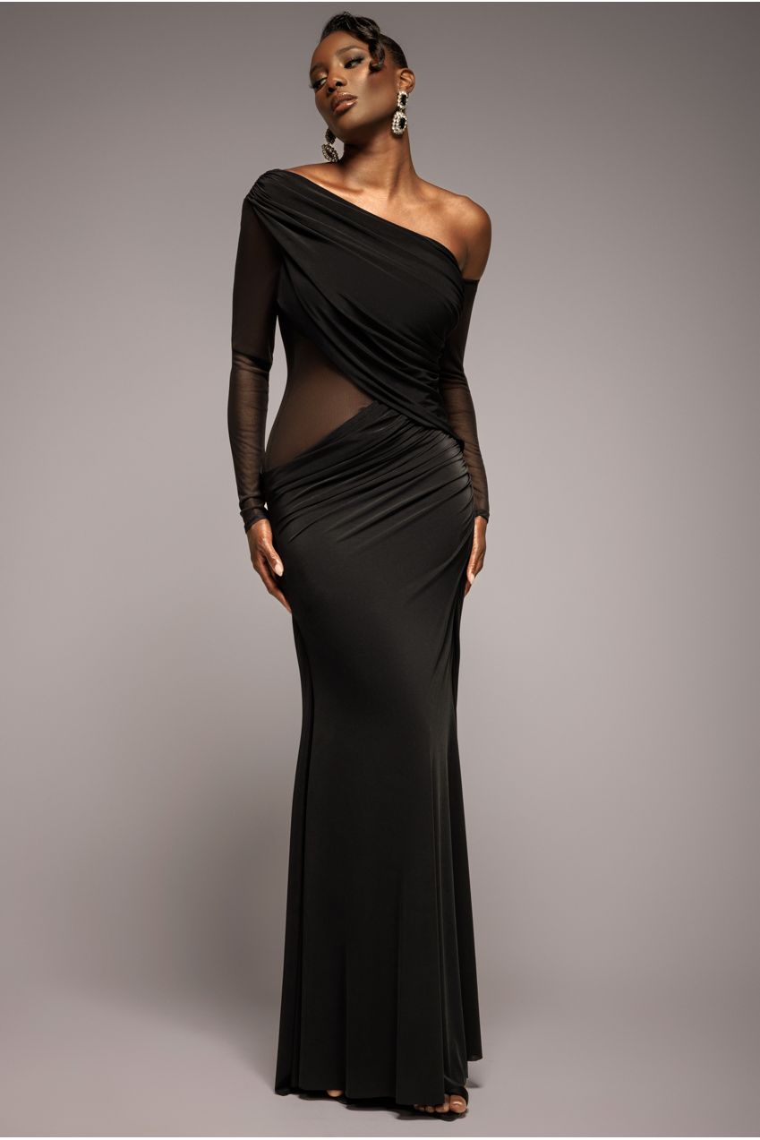 Goddiva Gathered Cowl Asymmetric Mesh And Soft Touch Maxi Dress