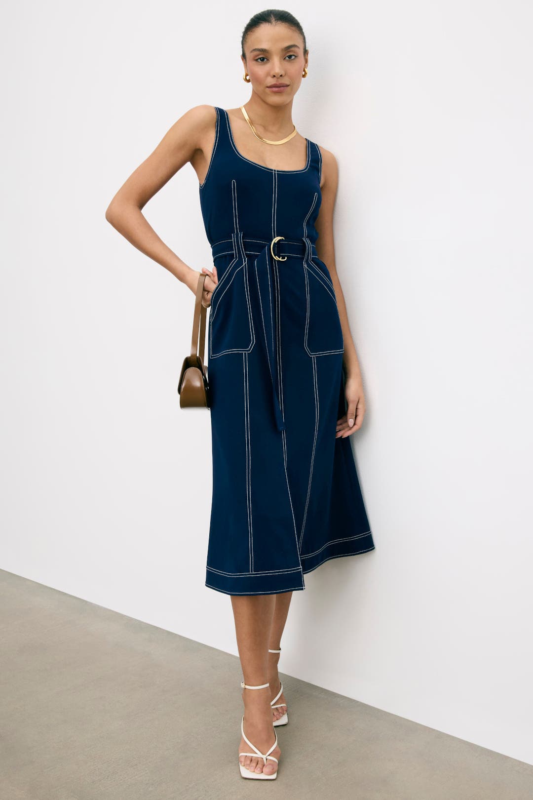 Luxely Denim Contrast Stitch Midi Dress Blue