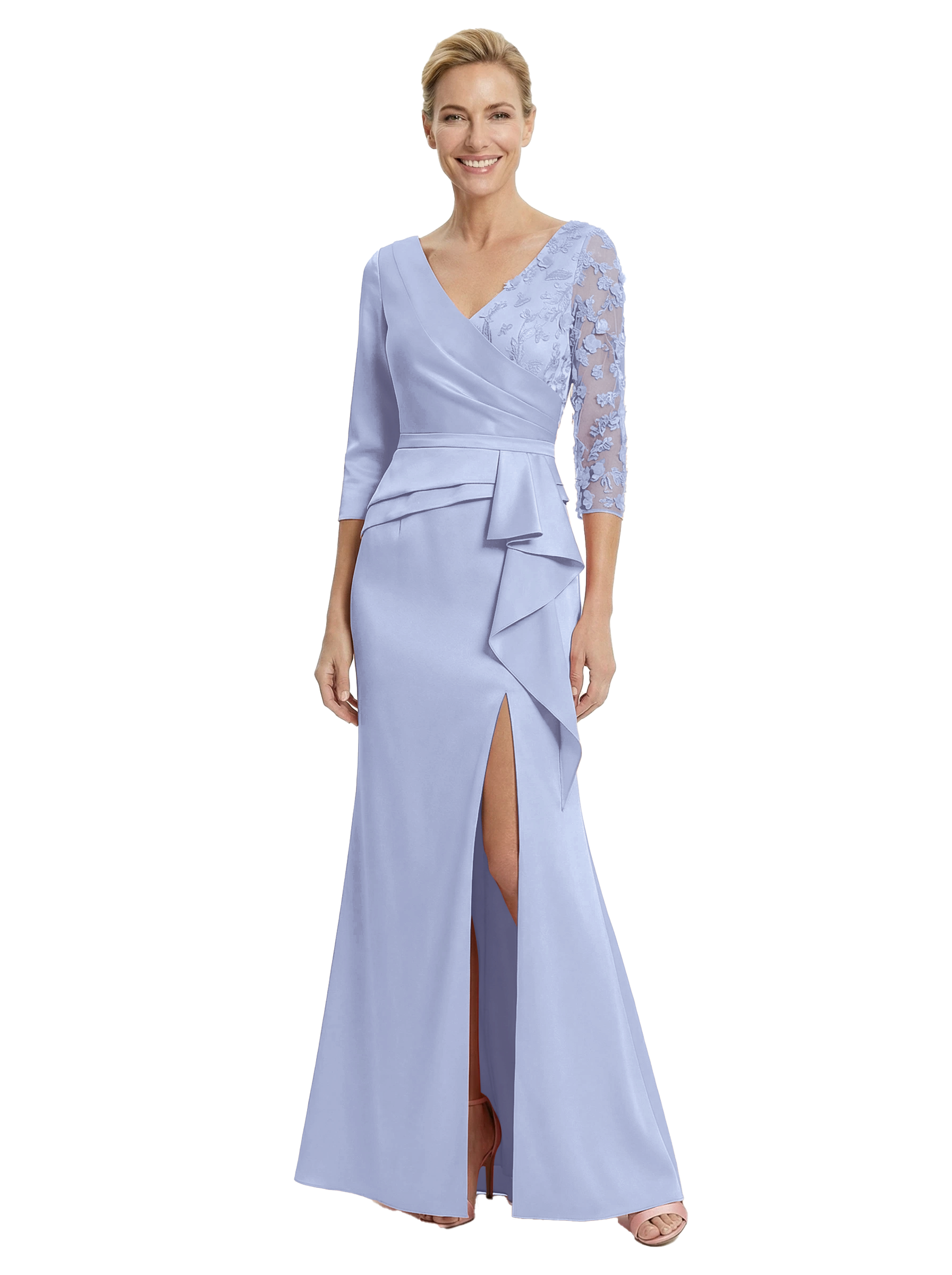 Chicsew Fancy Mother of The Bride Dress V-Neck Lace Sleeve Mermaid Floor Length Satin Ruffled Formal Gown