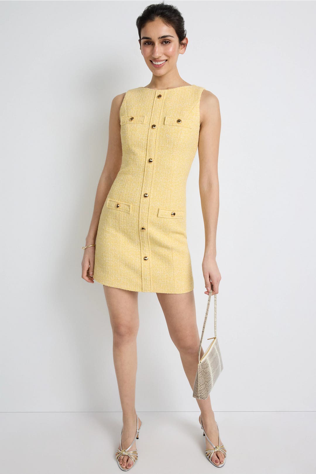 Maje Sleeveless Tweed Mini Dress Yellow