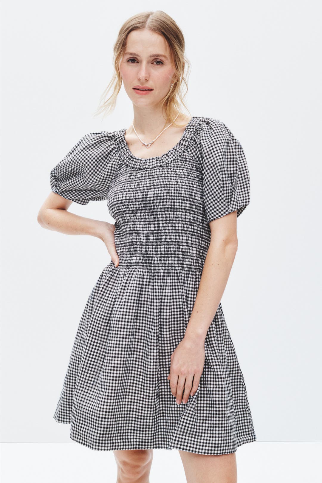 Madewell Smocked U-Neck Mini Dress Black-white-print