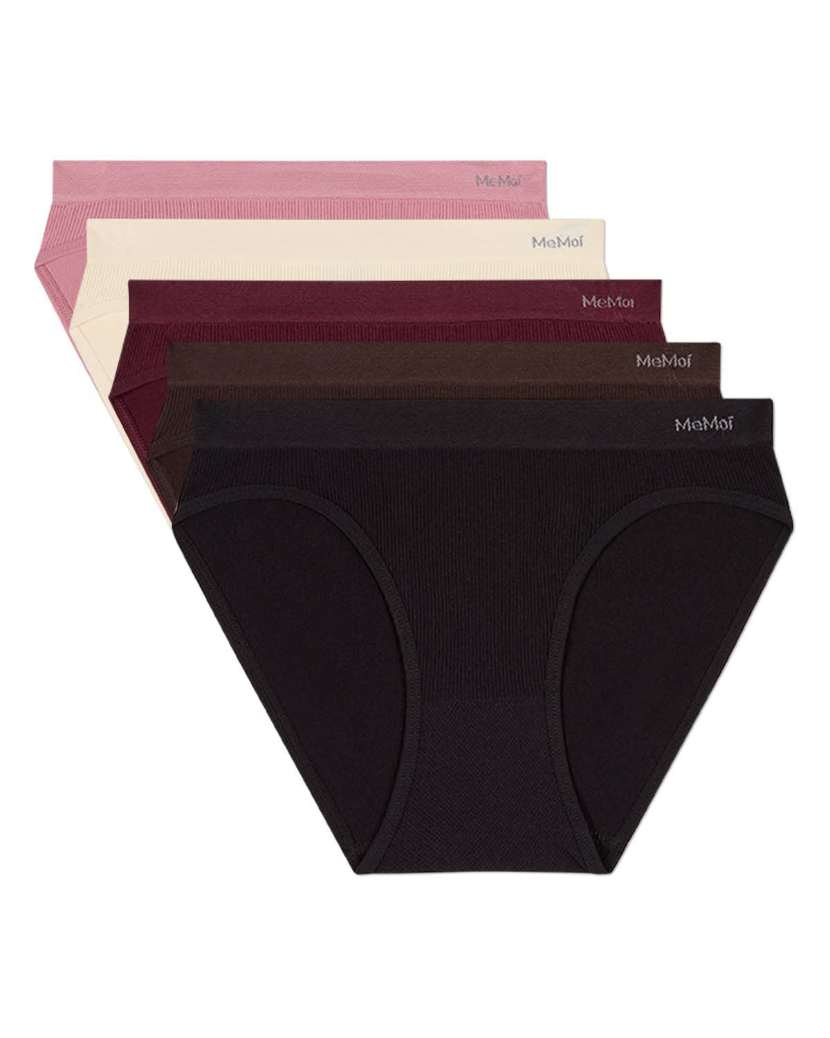 Pair Women's Seamless Pin-Rib Tag-Free Bikini Panties - Asst- Black Chocolate Torte Fig Egret Lilas