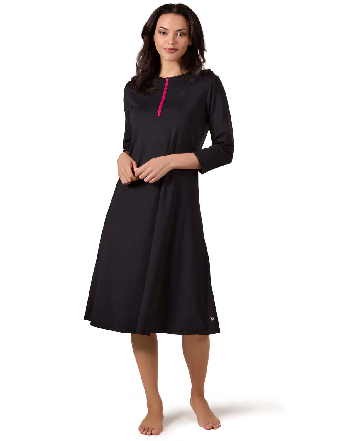 Women's Half-Zip -Sleeve UPF Modest Swim Dress - L Black