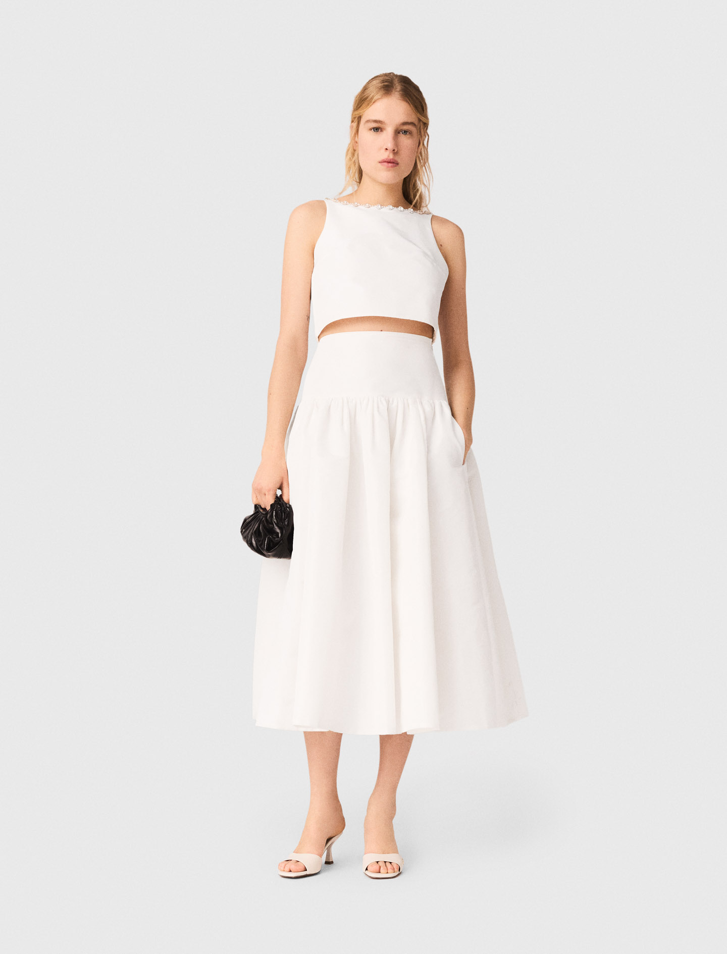 Jewelled collar taffeta crop top