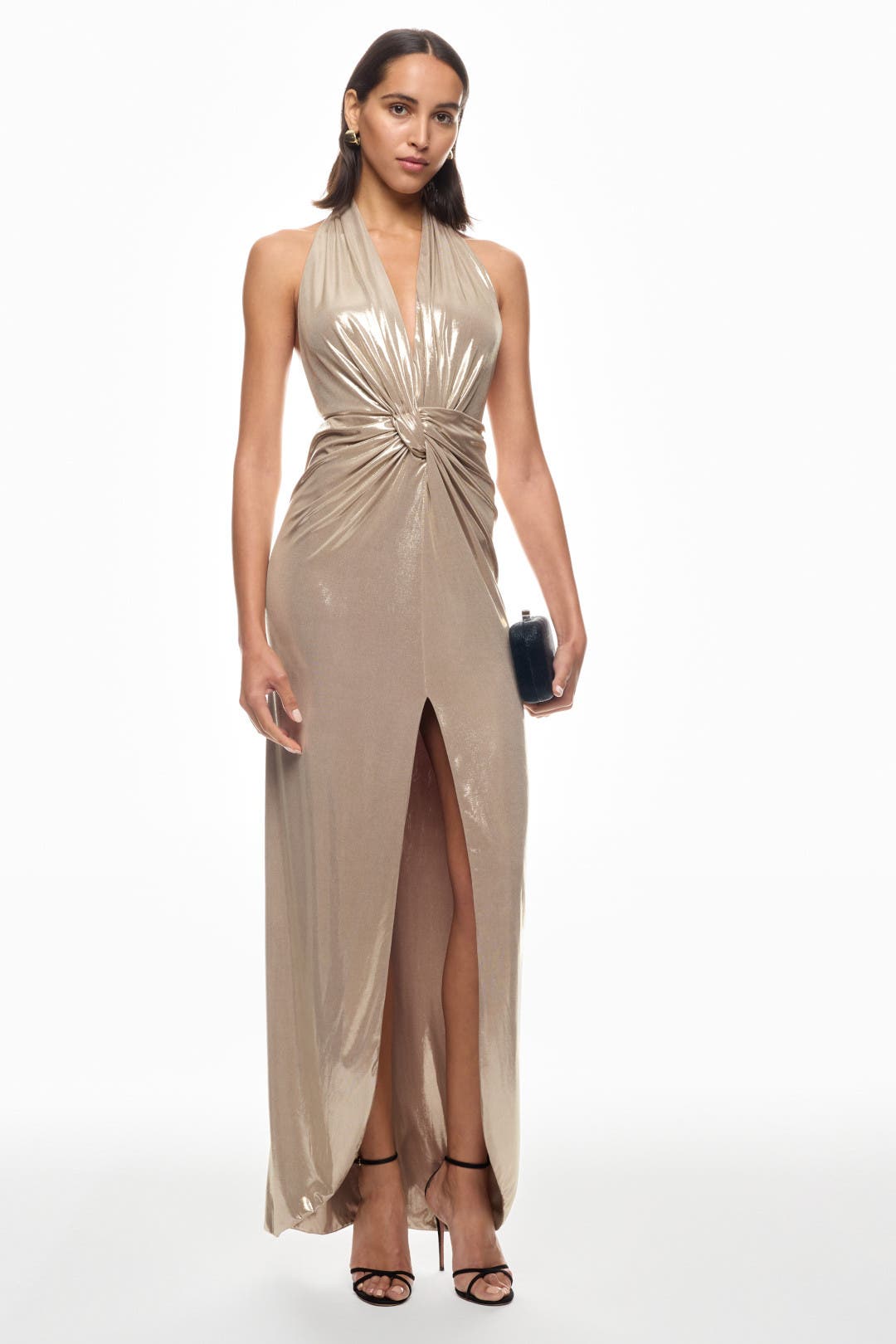 Nissa Backless Lame Maxi Dress Gold