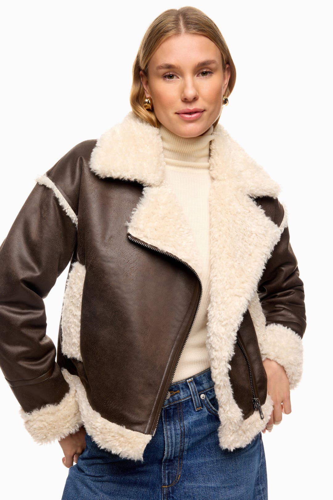 Nvlt Cropped Shearling Biker Jacket Brown-white