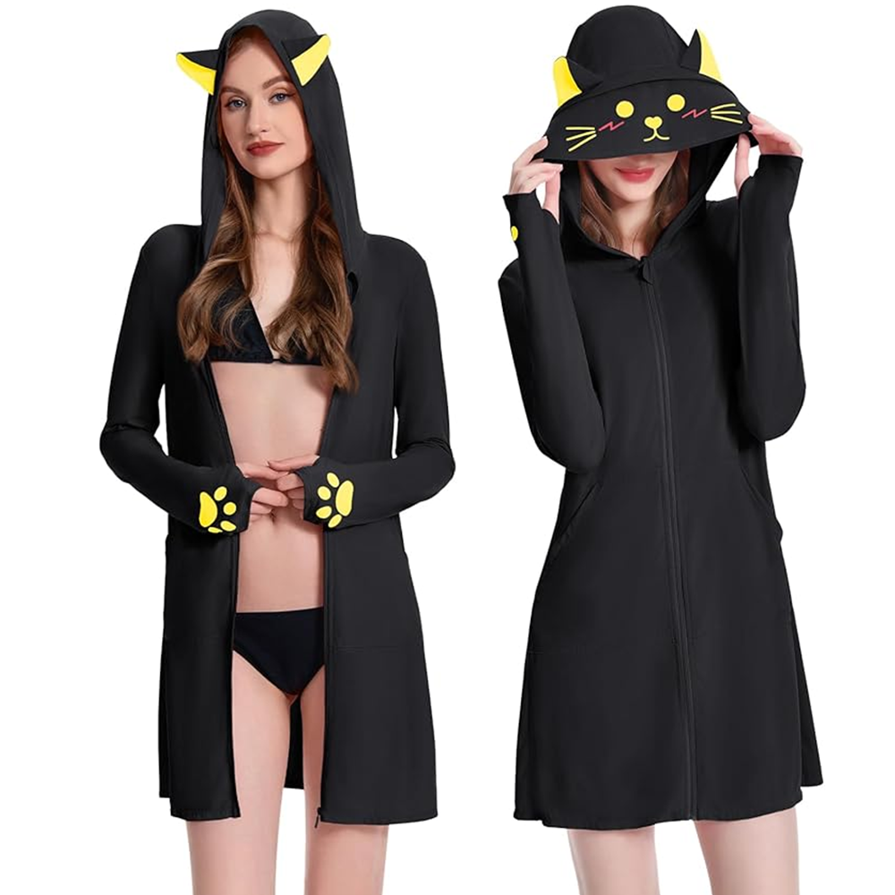 OLAOLA Women UPF + Black Cat Swim Cover Up Sun Protection Hoodie Long Sleeve Quick Dry Jacket