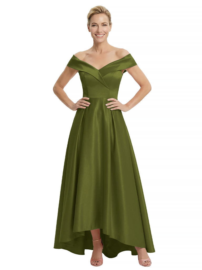 Elegant Off Shoulder Sleeveless Mother of The Bride Dress Satin A-Line High-Low Gown - Olive-green