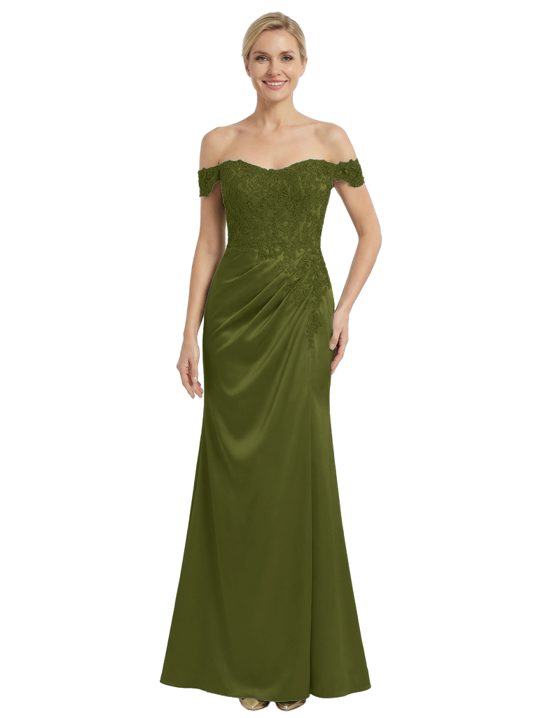 Chicsew Mother of The Groom Dresses Off The Shoulder Lace Satin Mermaid Maxi Gown Fancy Ruched Formal Bridal Party Dress - Olive-green