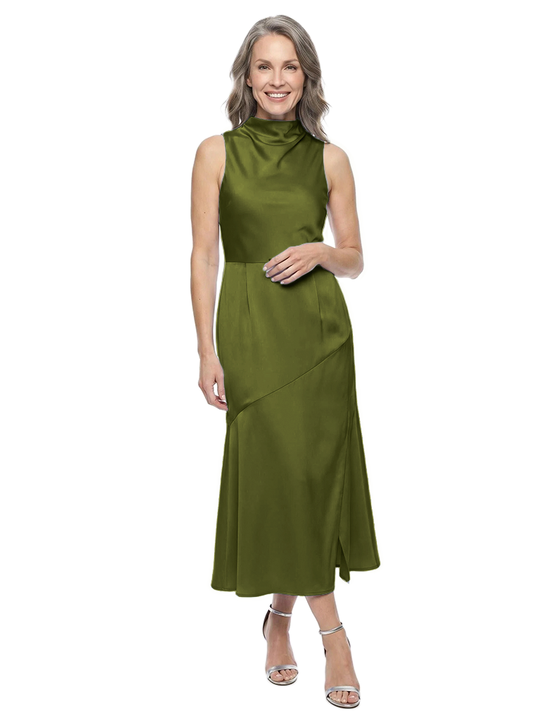 ChicSew High Neck Sleeveless Ruched Satin Tea-Length Mother of the Bride Dress - Olive-green