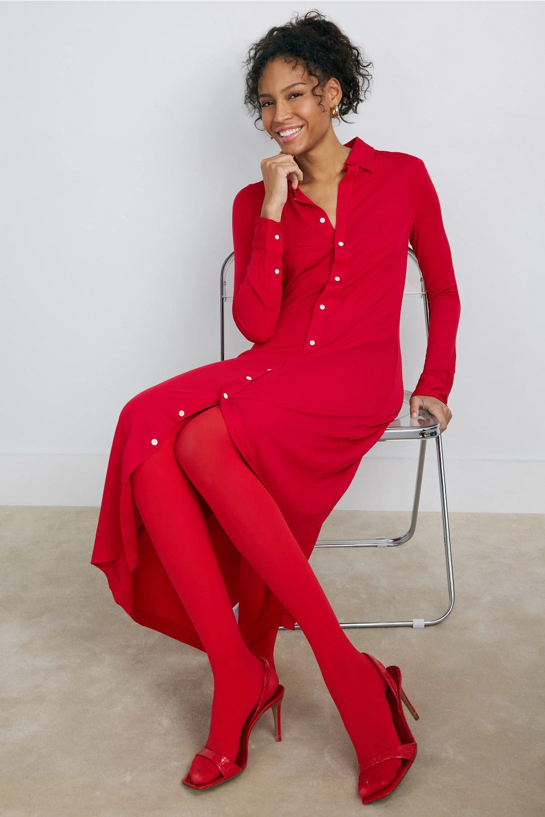 Polo Ralph Lauren Collared Long Sleeve Shirt Dress Red