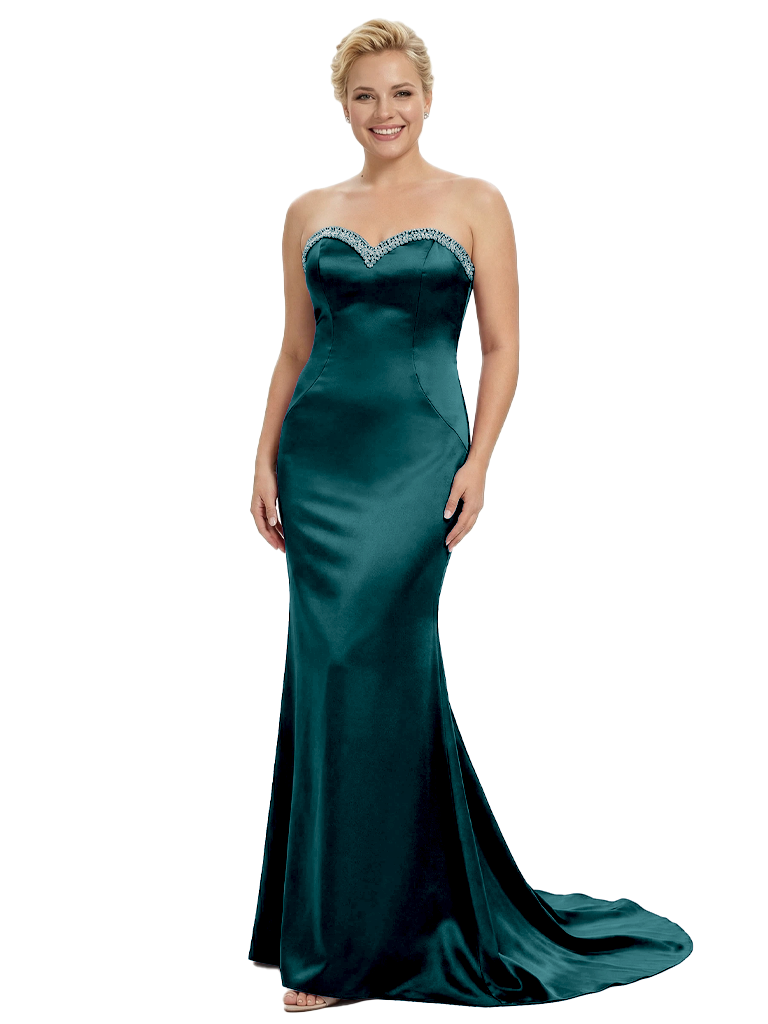 Stylish Strapless Sweetheart Satin Mother of The Bride Dress Floor-Length Mermaid Gown Beading Glamorous Wedding Formal Wear