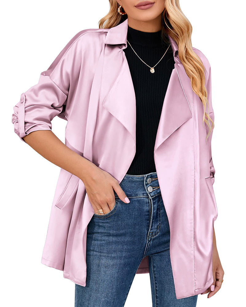 Womens Oversized Blazer Jackets Satin Roll Sleeve Open Front Casual Work Cardigan Jacket with Pockets - Zeagoo- Pink Purple