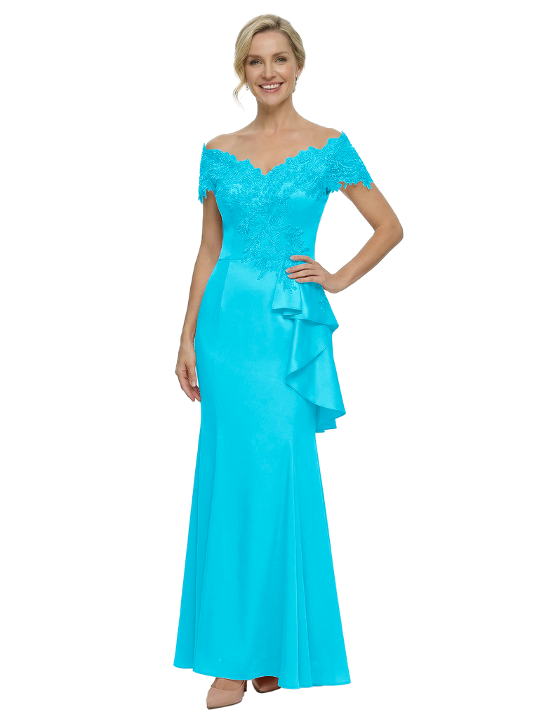 Glam Off Shoulder Short Sleeve Mother of The Groom Dress Fancy Mermaid Satin Maxi Gown with Lace Embellishments