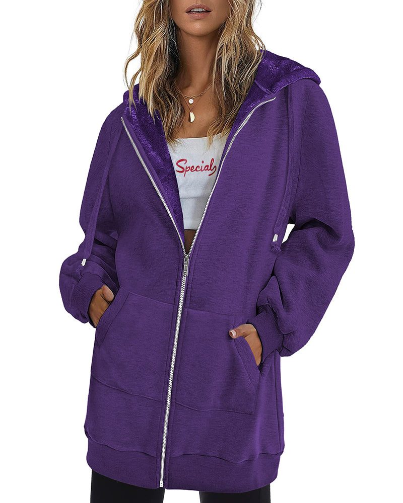 Fleece Hoodies Tunic Long Hoodie Jacket - Zeagoo- Purple L-