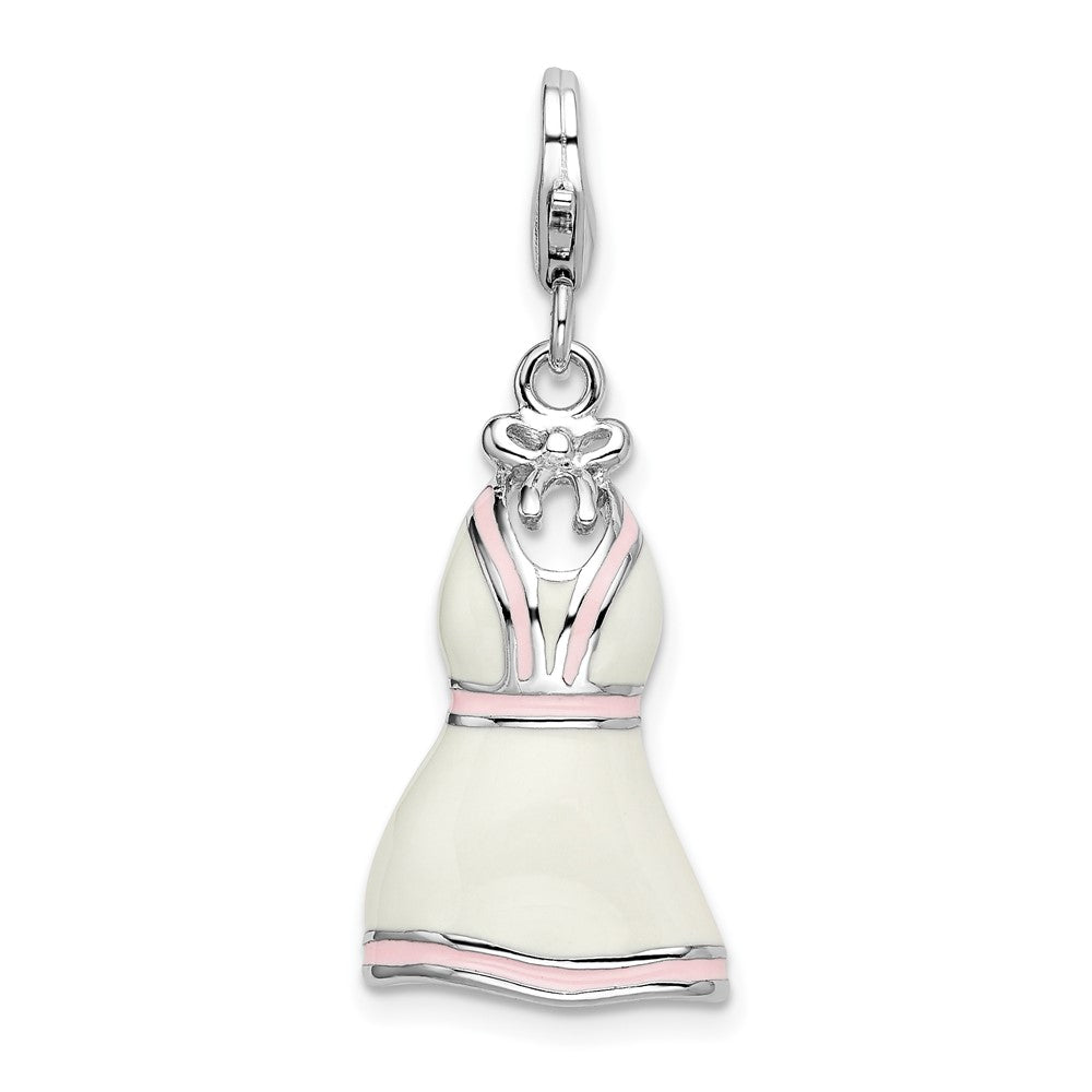 Sterling Silver Amore La Vita Rhodium-Plated Polished -D Enameled White Pink Trimmed Dress Charm With Fancy Lobster Clasp