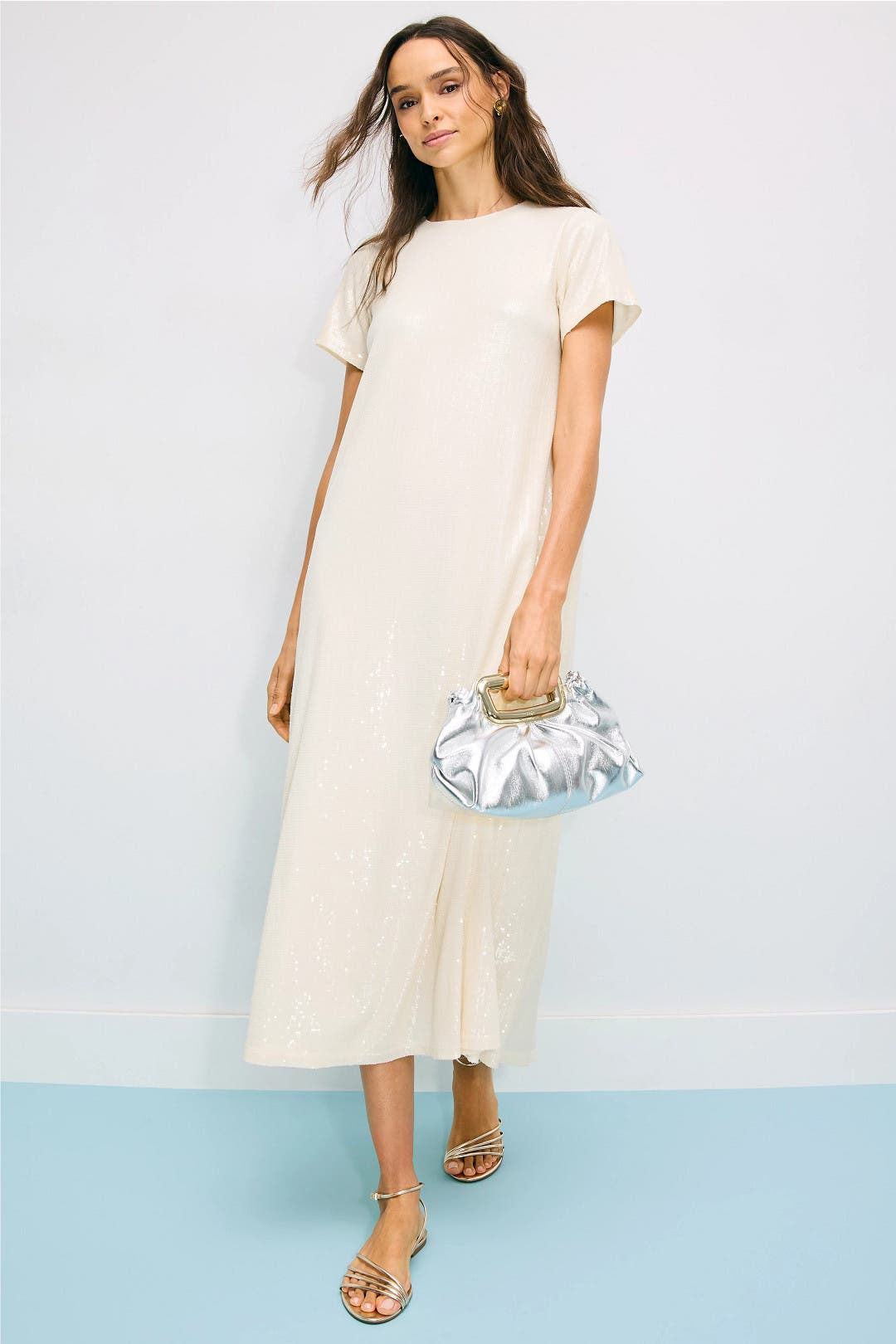 Rosetta Getty x RTR Sequin Short Sleeve Maxi Dress Cream