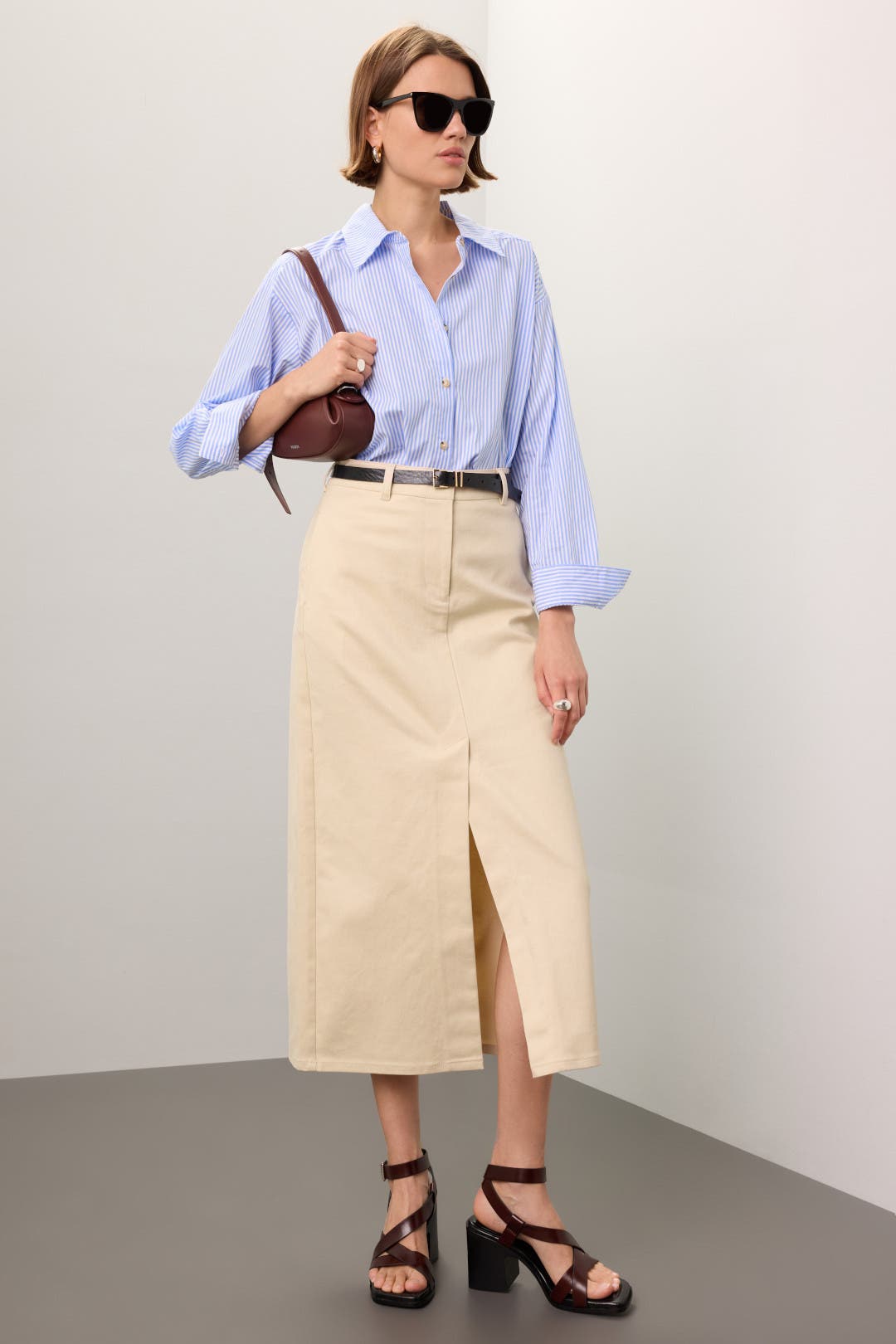 Rosetta Getty x RTR Bone Denim Midi Skirt Cream