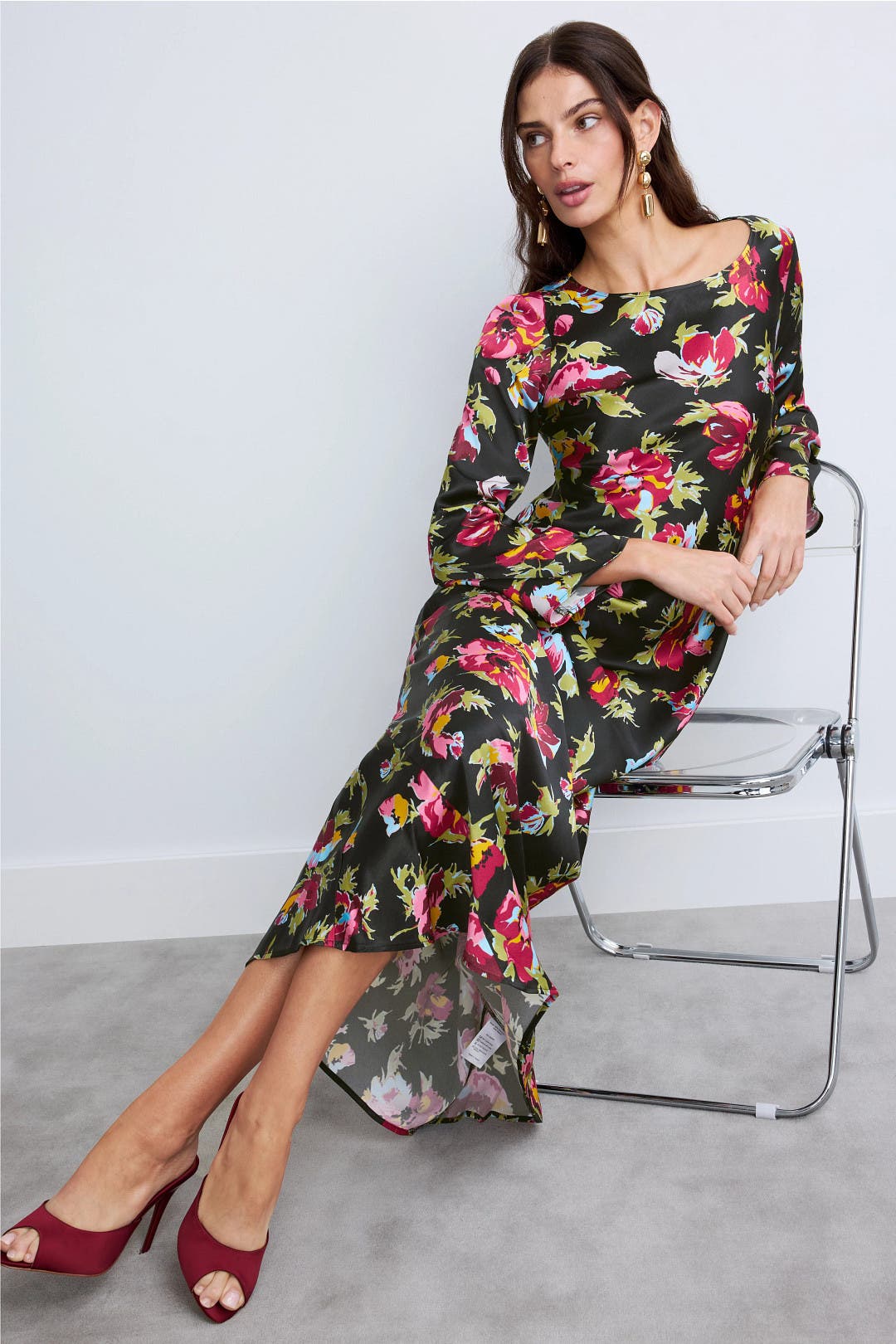 Rixo x RTR Floral Crew Neck Midi Dress Black-multicolored-print
