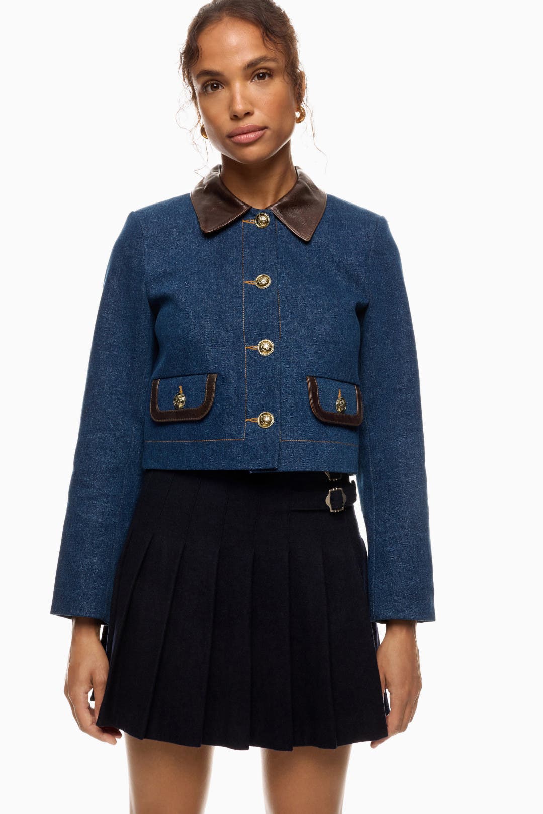 Sandro Denim Jacket With Leather Collar Blue