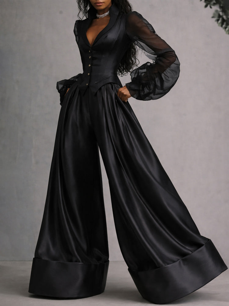 Luxury Sheer Sleeve Satin Blouse Wide Leg Pants