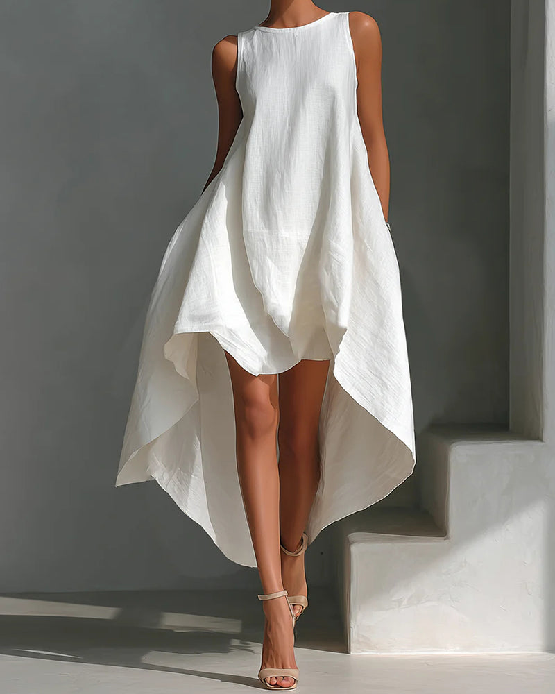 Linen Blend Asymmetrical Hem Sleeveless Midi Dress