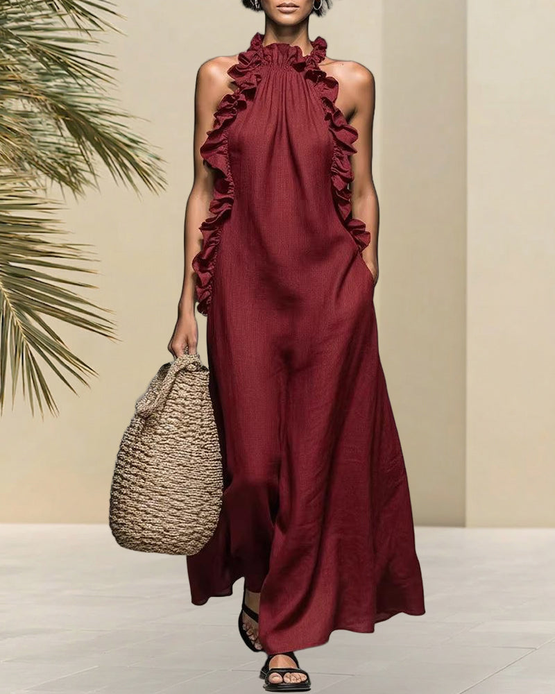 Graceful Linen Blend Ruffle Details Maxi Dress with Pockets