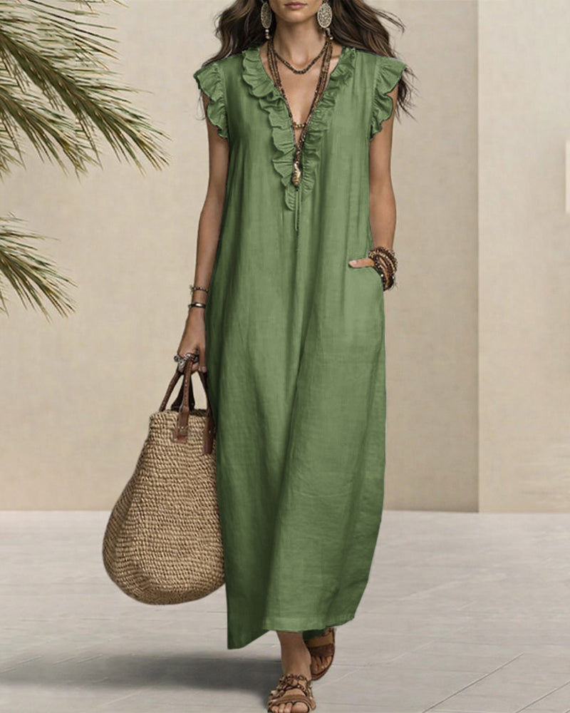 Zeagoo Casual Linen Blend Ruffle Details Sleeveless Maxi Dress for Women Casual Beach Vacation Summer