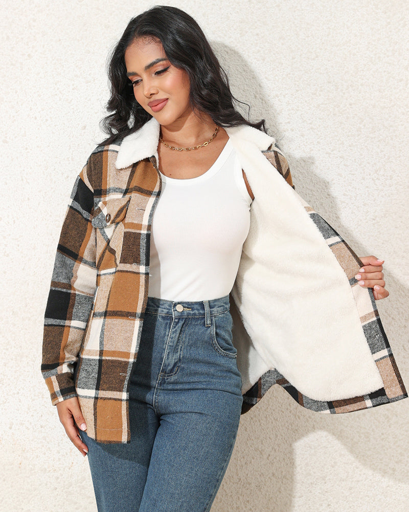 Lapel Plus Velvet Thick Plaid Jacket Wool Teddy Coat - Khaki L-