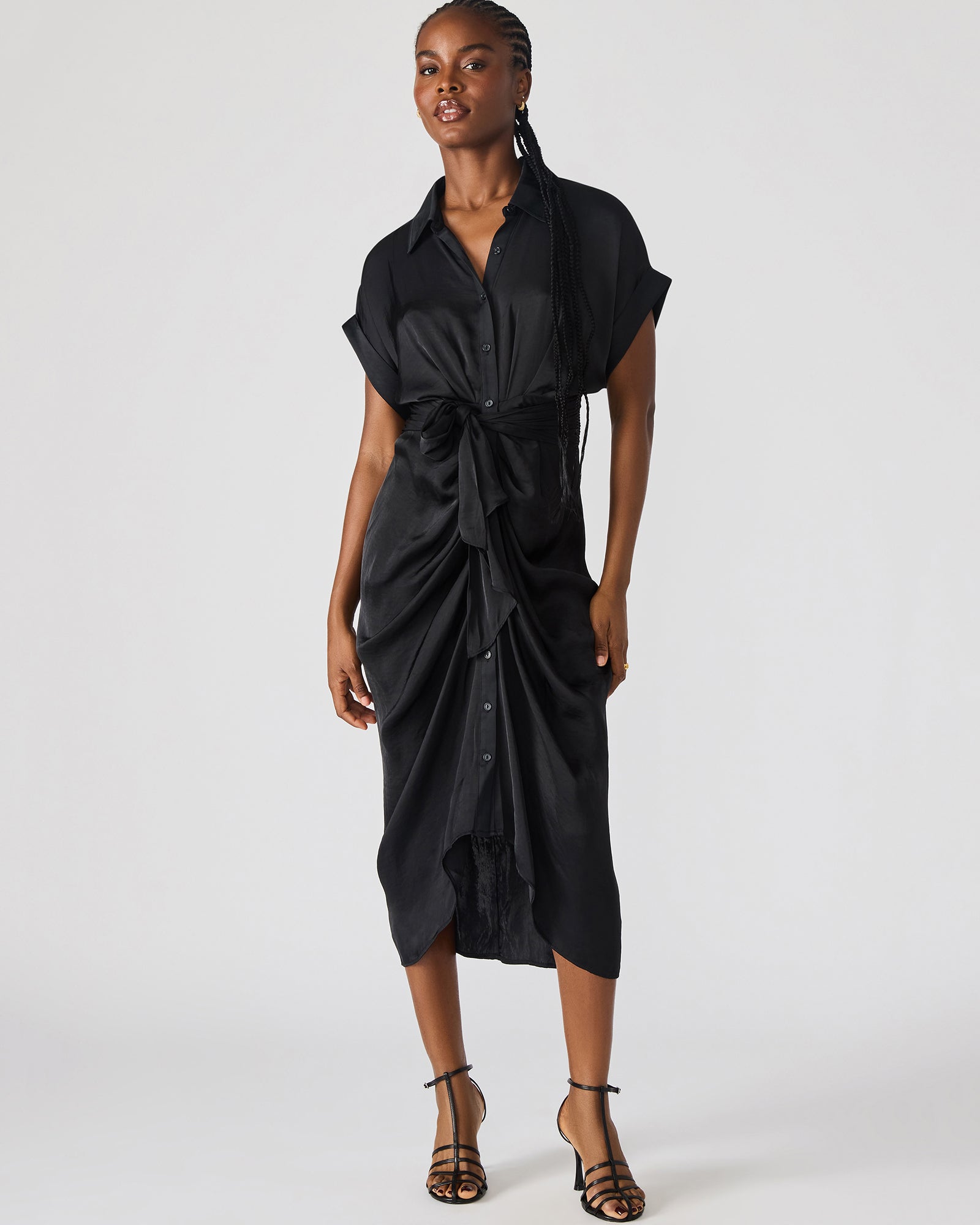 Steve Madden Women's Tori Dress Short Sleeve Button Up Dresses - Black - Size - PolyesterSatin
