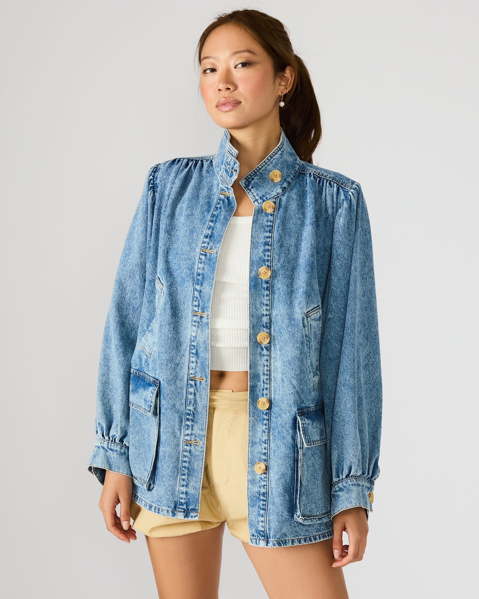 Steve Madden Women's Marceline Denim Jacket Long Sleeve Button Up Jackets & Coats - Forever Blue - Size Medium