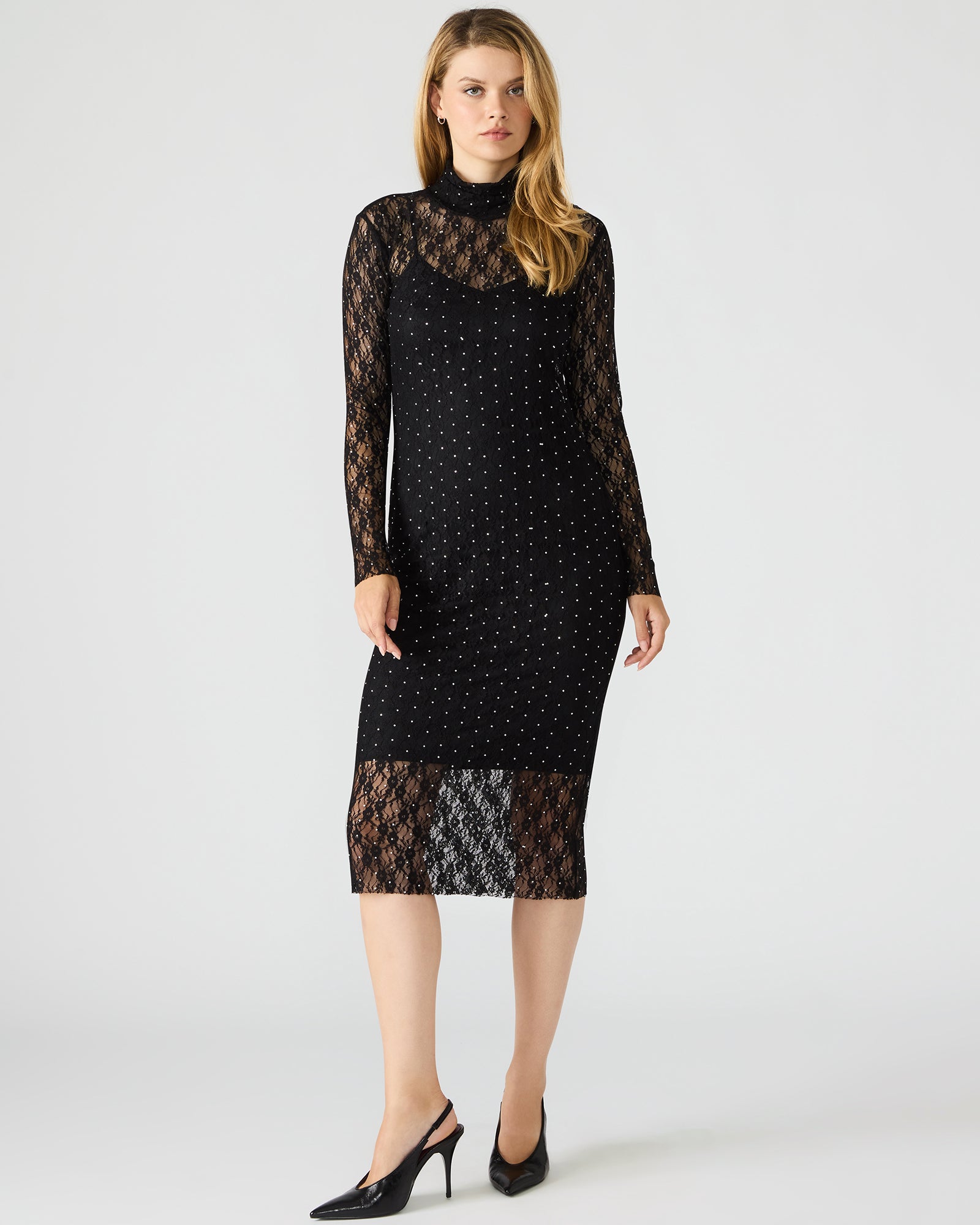 Steve Madden Women's Vivienne Studded Lace Dress Long Sleeve Mesh Dresses - Black - Size Large