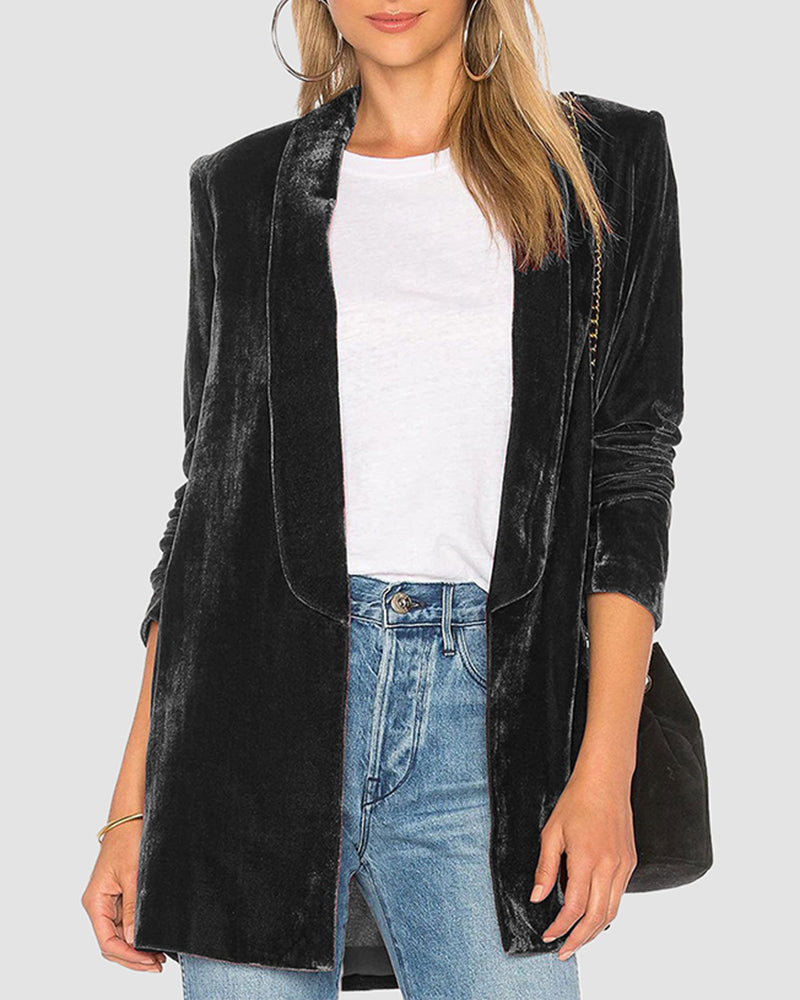 Solid Long Sleeve Blazers Suit Blazer Shawl Lapel Slim Fit Velvet Jackets - Black M