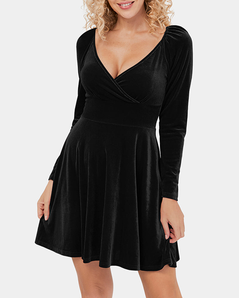 Sexy V-neck Waist Velvet Dress - Black