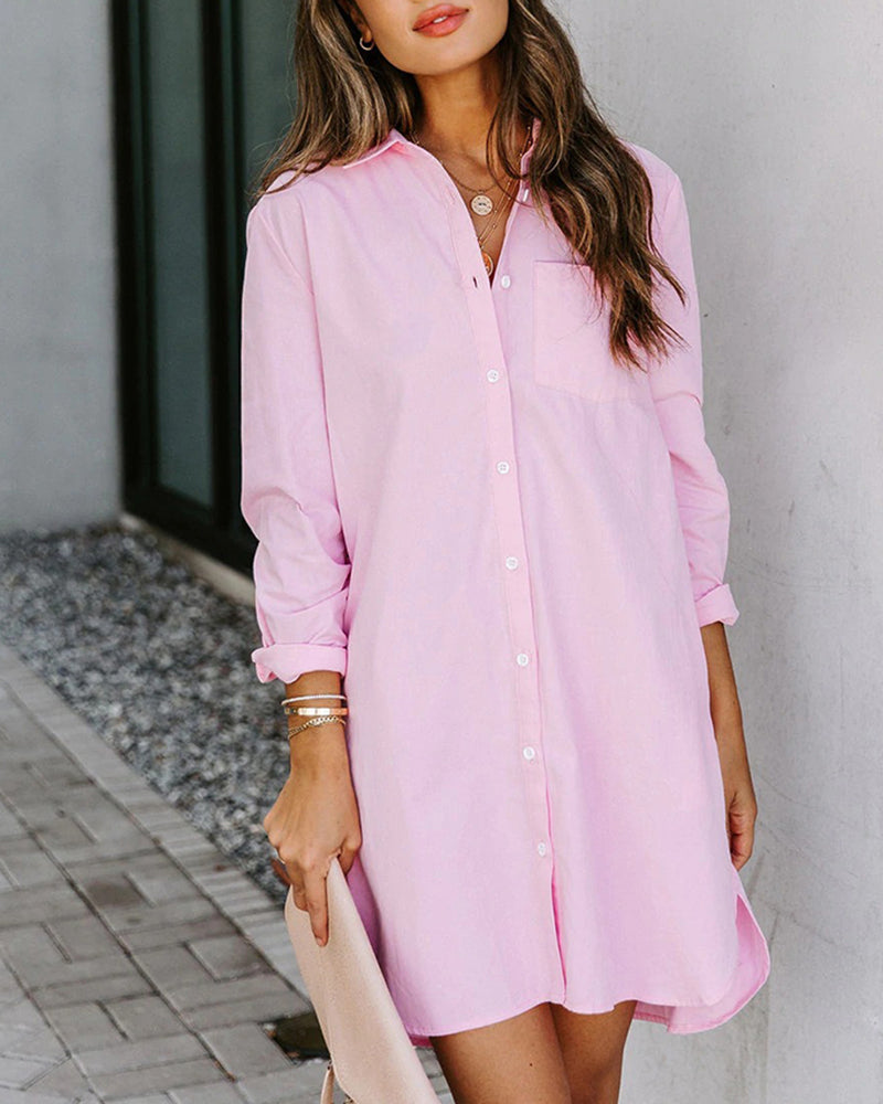 Plus Size Striped Print Button Front Long Sleeve Mini Shirt Dress - Pink L-