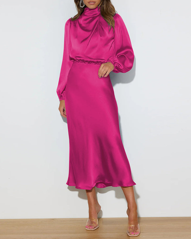 Satin Long-Sleeved Loose Fit Dress Elegant Evening Party Dresses - Rose Red L-