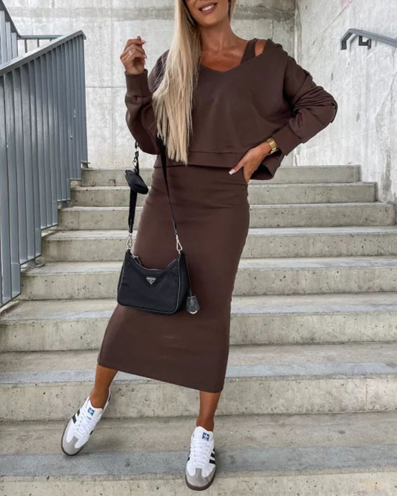Elegant Two-piece Set Sexy V-neck Off-shoulder Sweatshirt & Sleeveless Knitted Dress Skirt - Brown L-