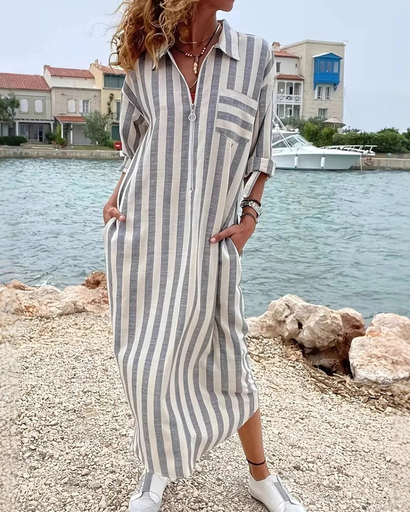 Classic Casual Stripe Shirt Dress with Pockets