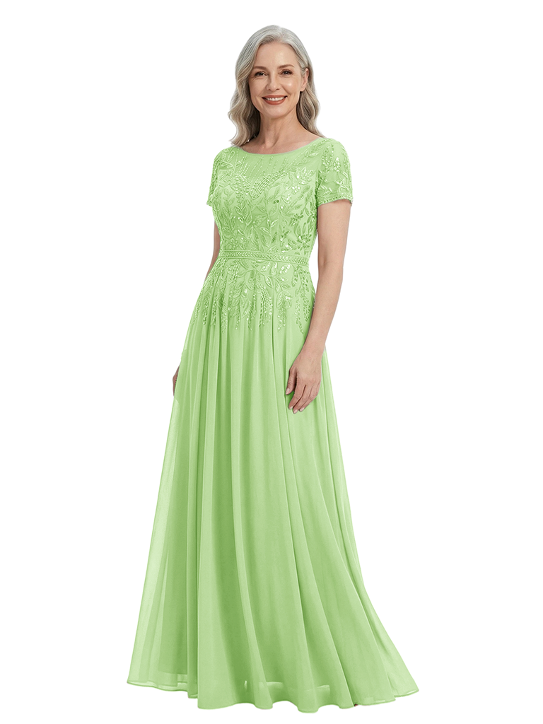 ChicSew Short Sleeves Lace Appliques Sequin Chiffon A-Line Mother Of The Groom Dress
