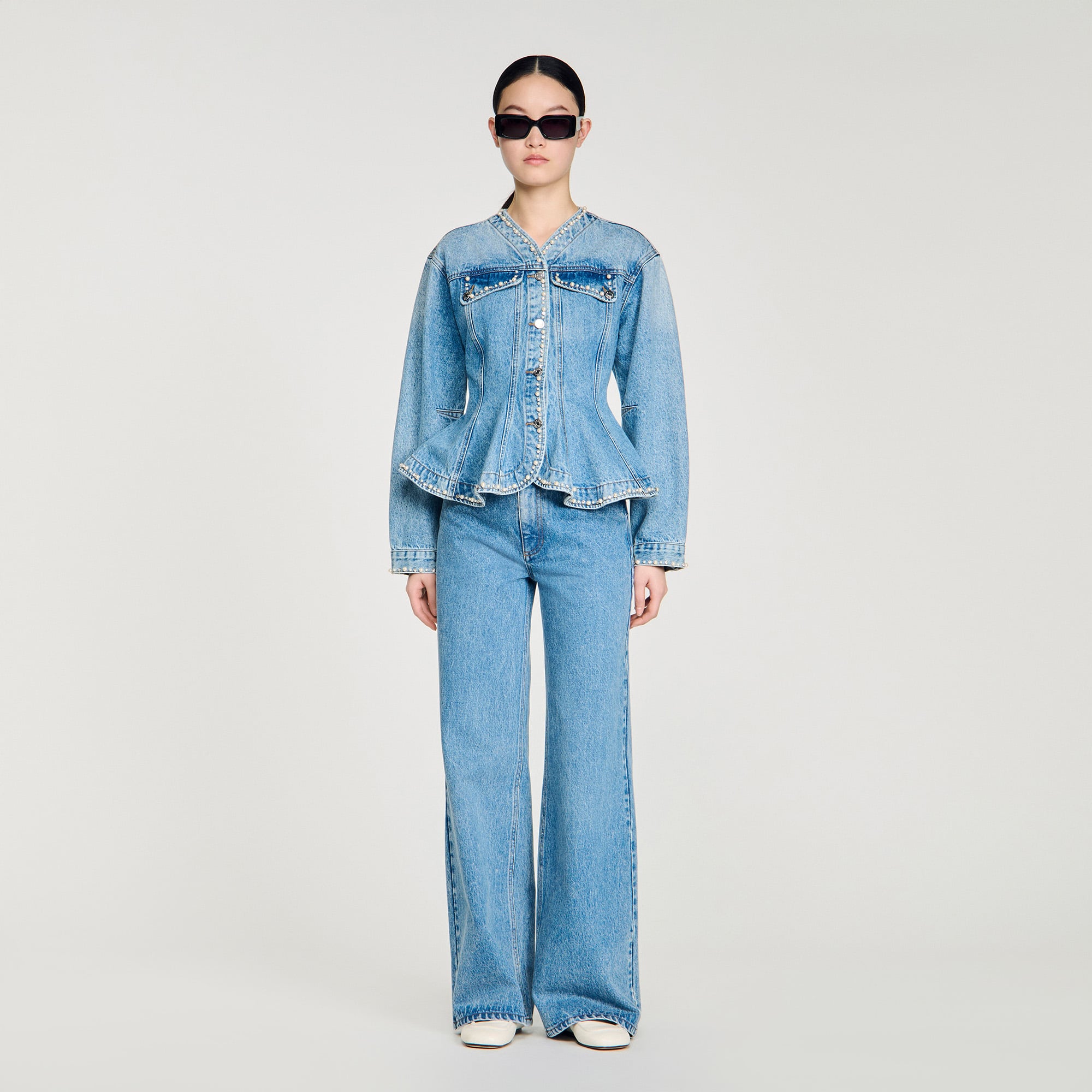 Beaded denim peplum jacket
