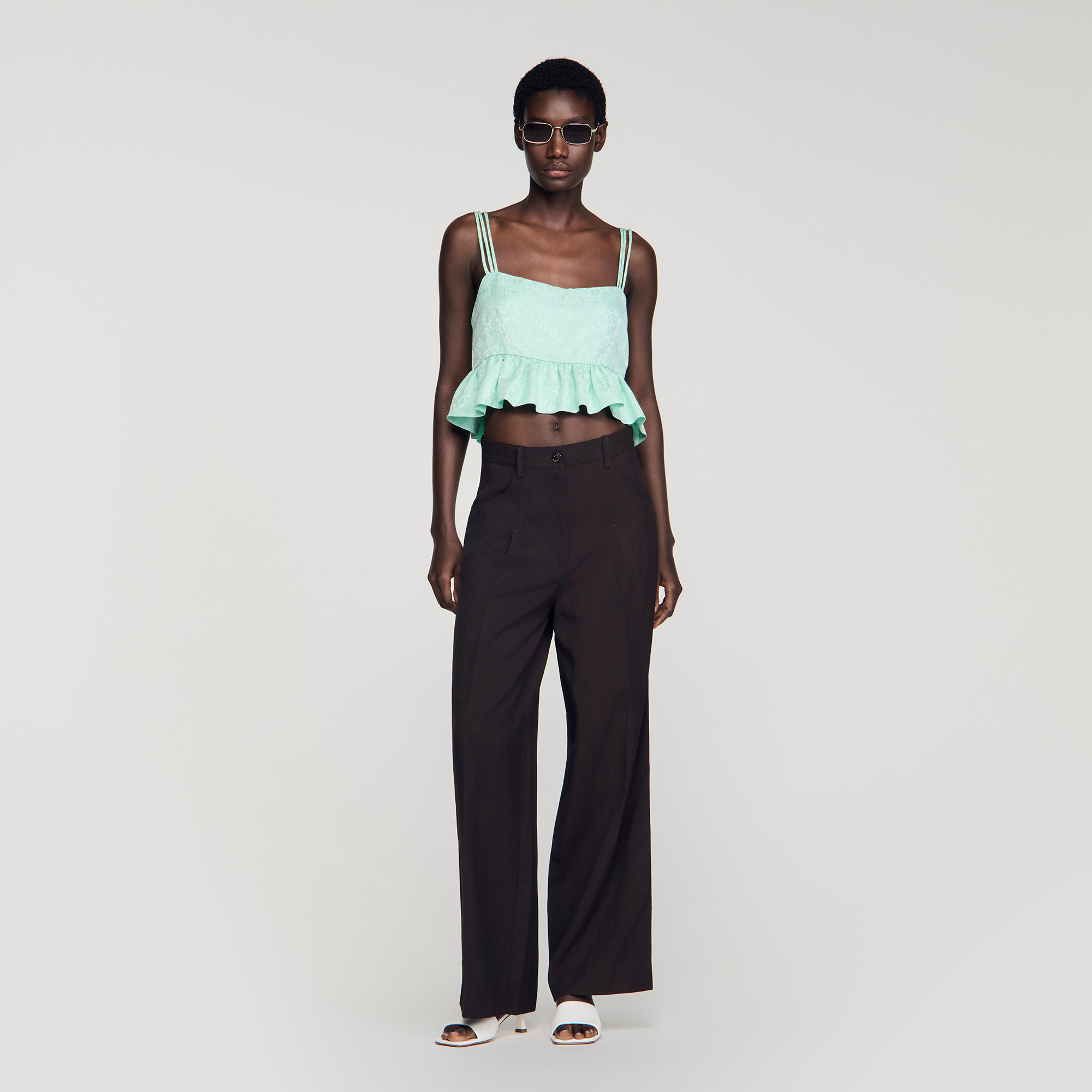Floral jacquard ruffle crop top
