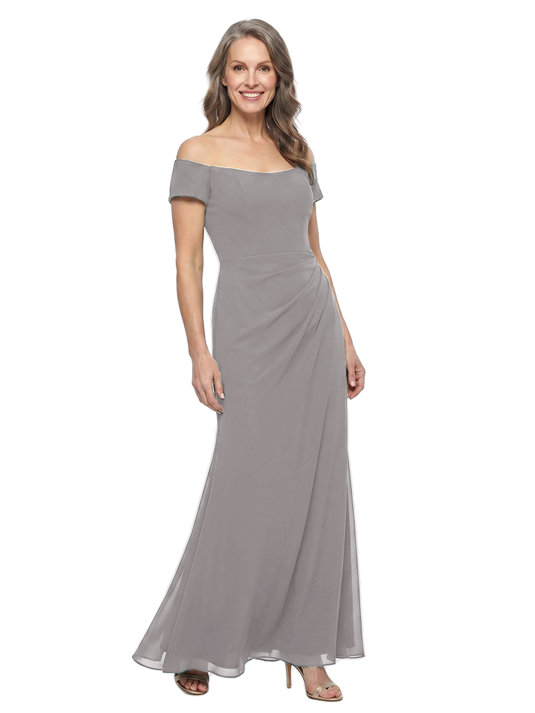 ChicSew Off The Shoulder Short Sleeve Ruched Waist Floor Length Chiffon Mother of the Bride Dress
