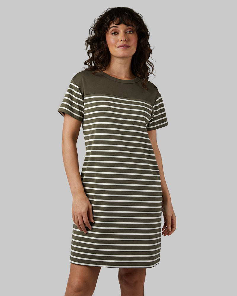 WOMEN'S LUXE KNIT POCKET DRESS - MILITARY OLIVEOFF WHITE STRIPE