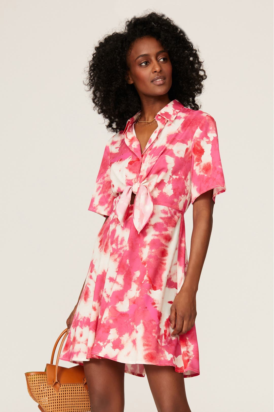 Thakoon x RTR Tie Dye Tie Waist Shirt Dress Pink-white-print