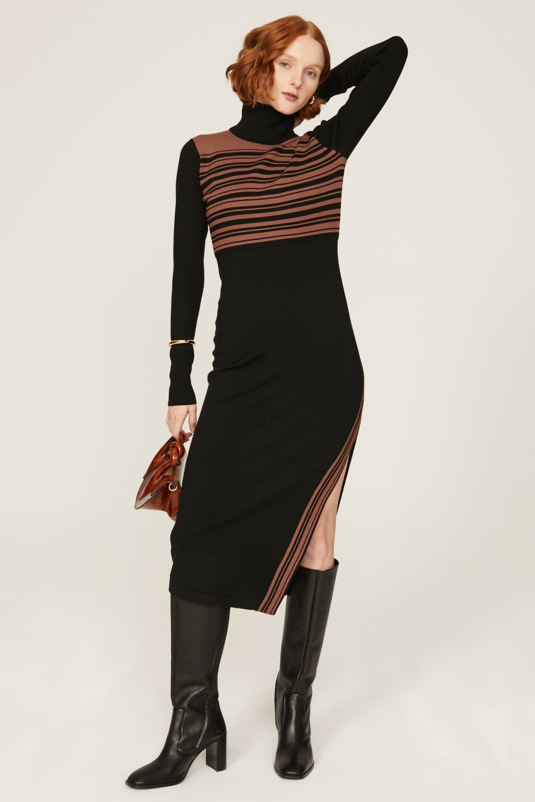 Toccin Blake Striped Turtleneck Dress Black-brown-print