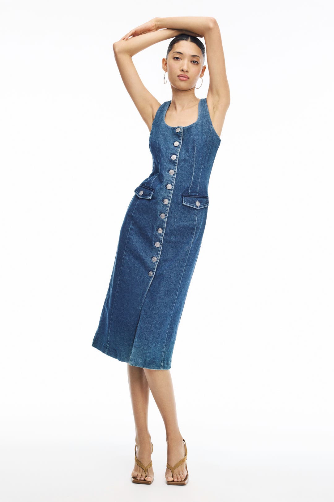 Toccin Scoop Neck Button Front Midi Dress Blue