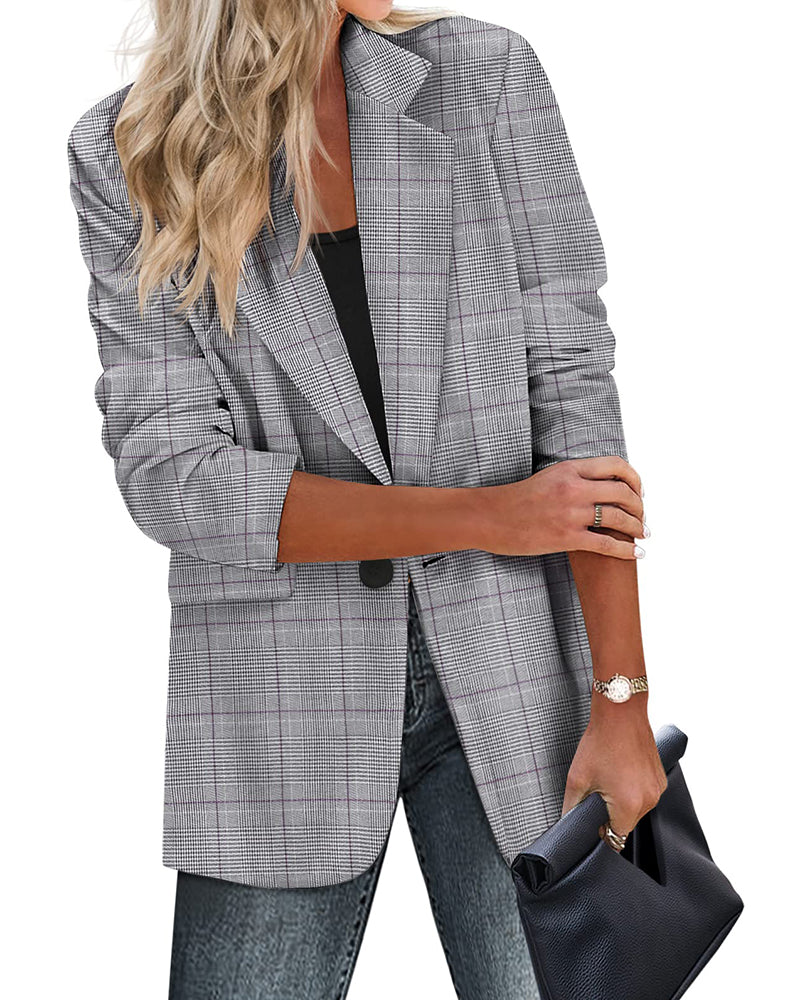 Open Front Work Office Jackets Blazer - Tartan Plaid Grey